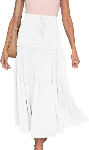 Women's Boho Elastic High Waist Skirt Dress A Line Ruffle Swing Beach Maxi Skirt Casual Drawstring Elegant Long Skirts