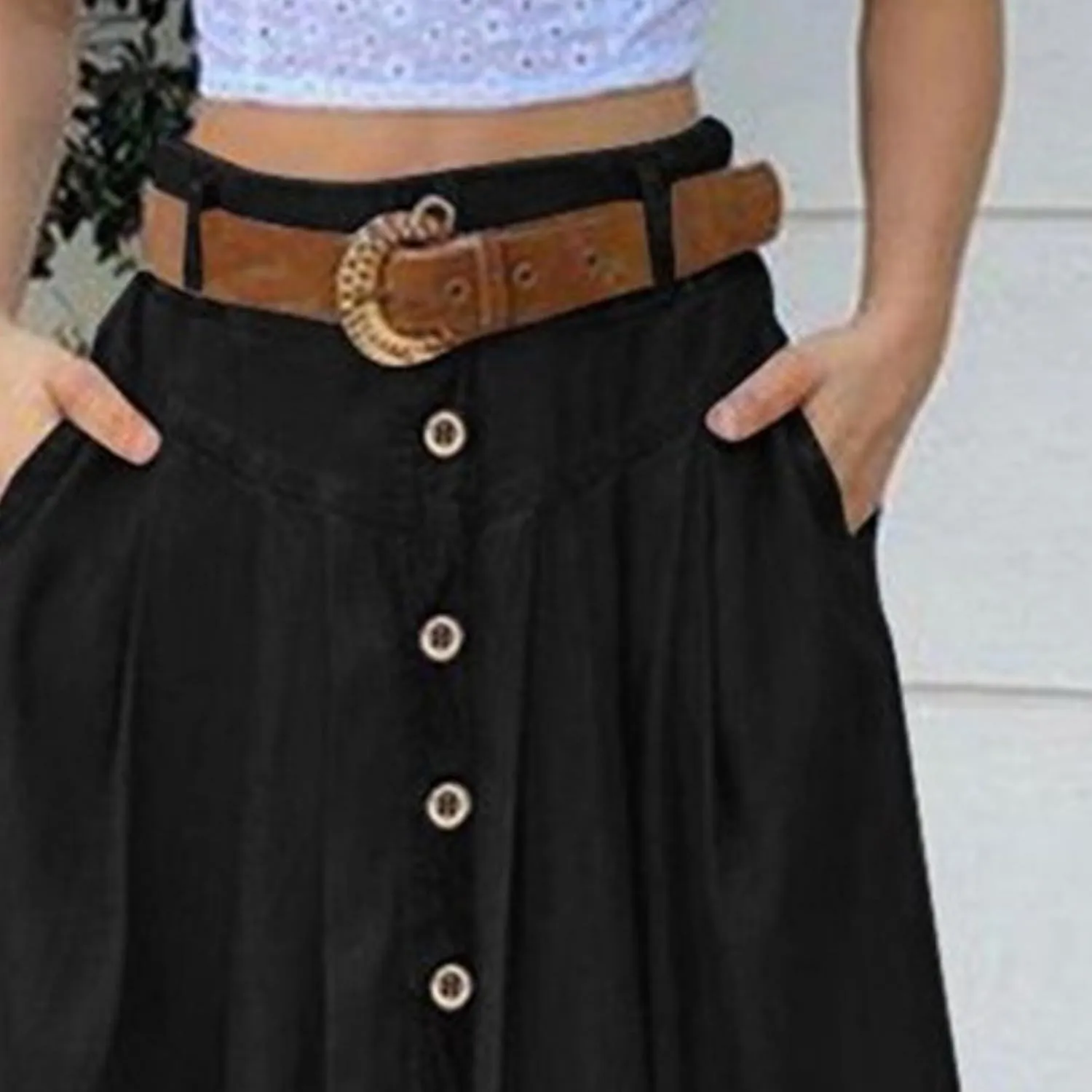 Women's Casual Bag Waist Skirts A Line Pleated Midi Skirt with Pockets Casual Button Front Pleated Flare Skirts