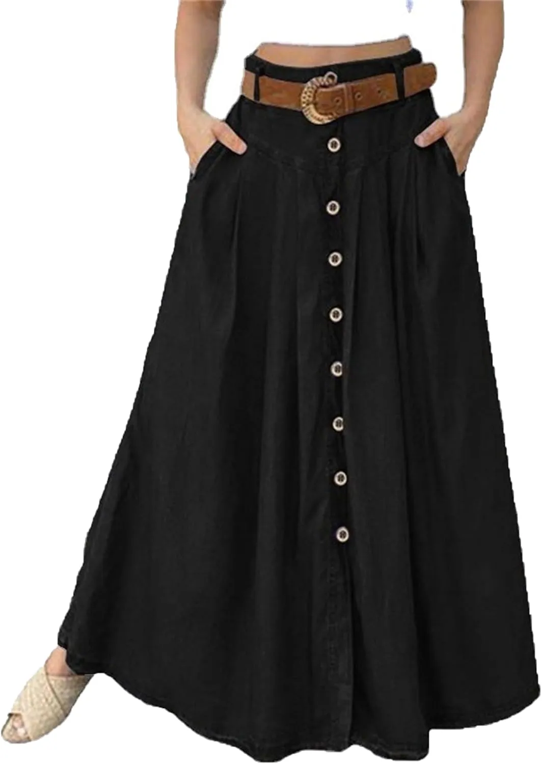Women's Casual Bag Waist Skirts A Line Pleated Midi Skirt with Pockets Casual Button Front Pleated Flare Skirts