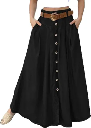 Women's Casual Bag Waist Skirts A Line Pleated Midi Skirt with Pockets Casual Button Front Pleated Flare Skirts