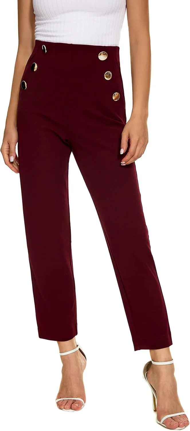 Women's Casual High Waisted Ankle Cropped Pants Elastic Waistband Slant Pockets with Metal Buttons