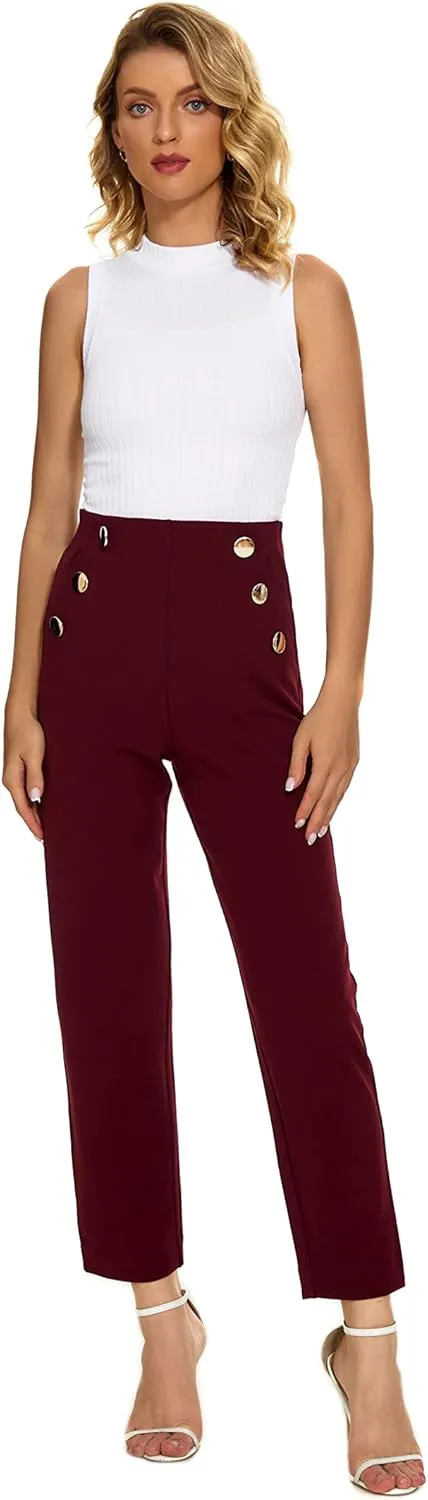 Women's Casual High Waisted Ankle Cropped Pants Elastic Waistband Slant Pockets with Metal Buttons