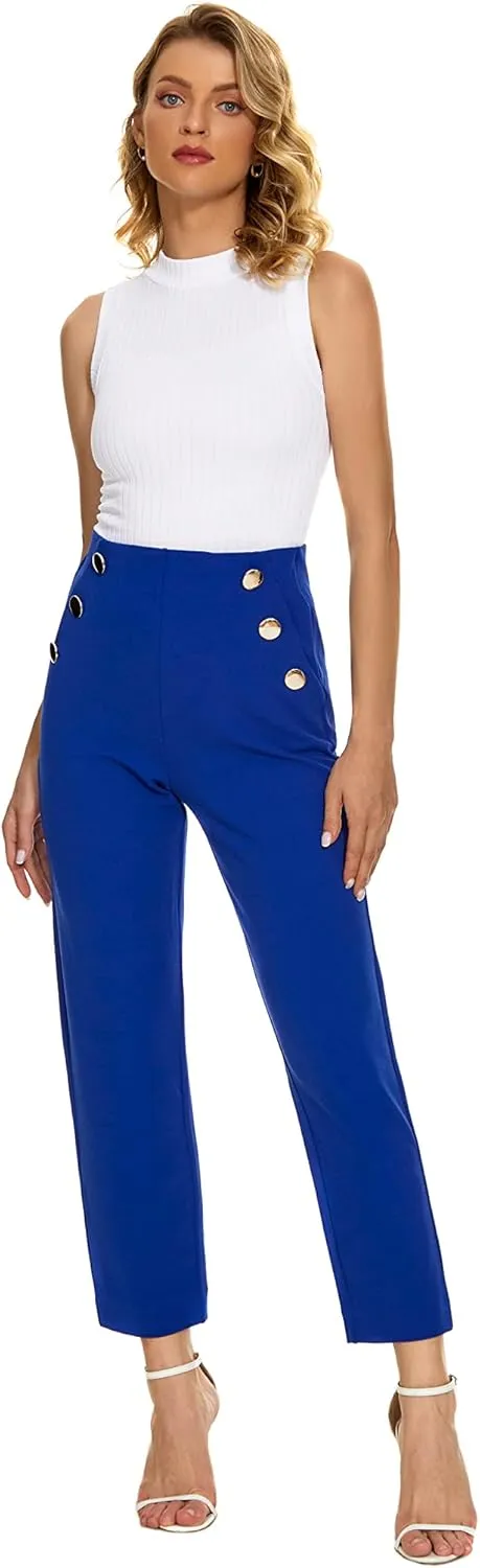 Women's Casual High Waisted Ankle Cropped Pants Elastic Waistband Slant Pockets with Metal Buttons
