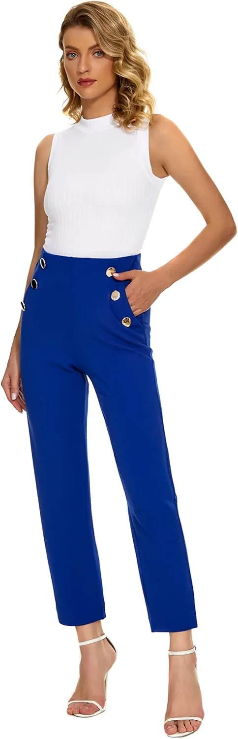 Women's Casual High Waisted Ankle Cropped Pants Elastic Waistband Slant Pockets with Metal Buttons
