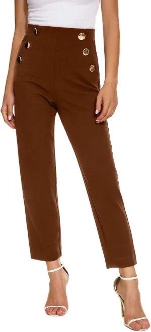 Women's Casual High Waisted Ankle Cropped Pants Elastic Waistband Slant Pockets with Metal Buttons