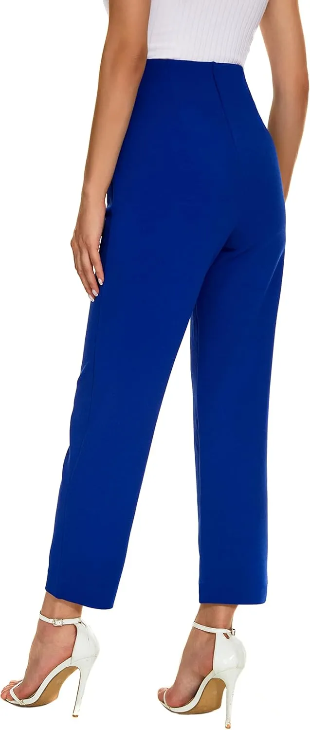 Women's Casual High Waisted Ankle Cropped Pants Elastic Waistband Slant Pockets with Metal Buttons