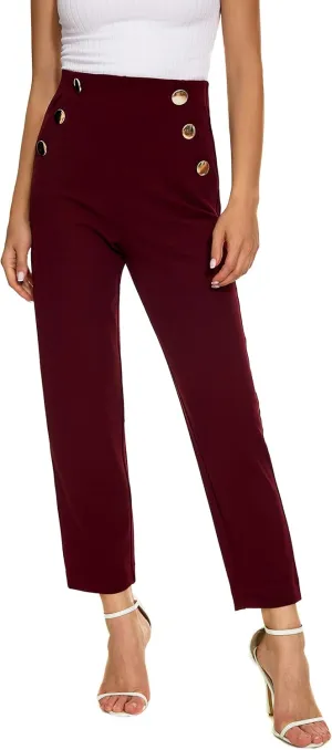 Women's Casual High Waisted Ankle Cropped Pants Elastic Waistband Slant Pockets with Metal Buttons