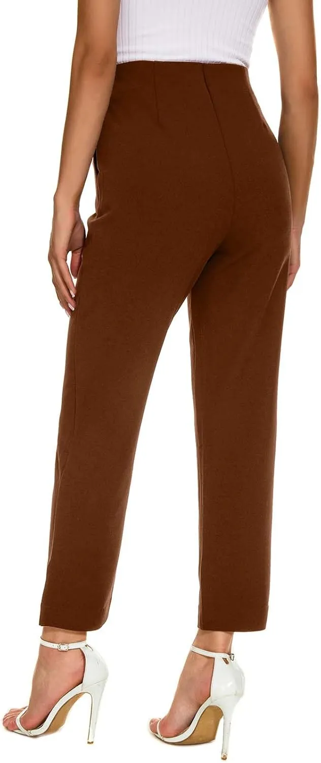 Women's Casual High Waisted Ankle Cropped Pants Elastic Waistband Slant Pockets with Metal Buttons