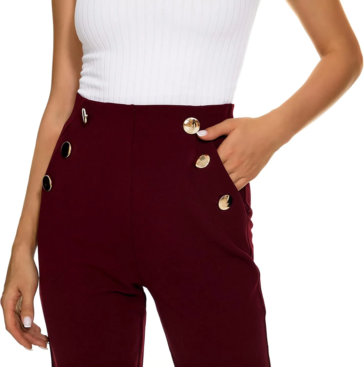 Women's Casual High Waisted Ankle Cropped Pants Elastic Waistband Slant Pockets with Metal Buttons
