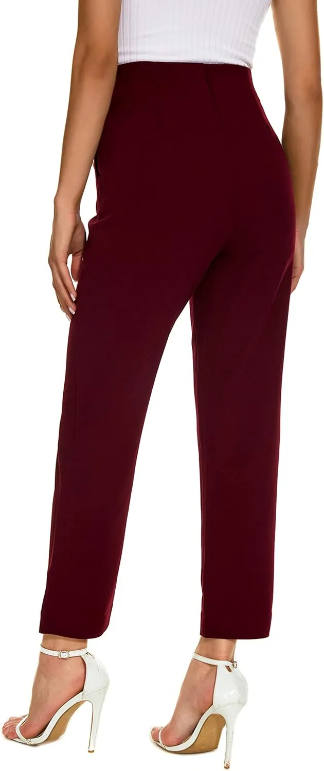 Women's Casual High Waisted Ankle Cropped Pants Elastic Waistband Slant Pockets with Metal Buttons