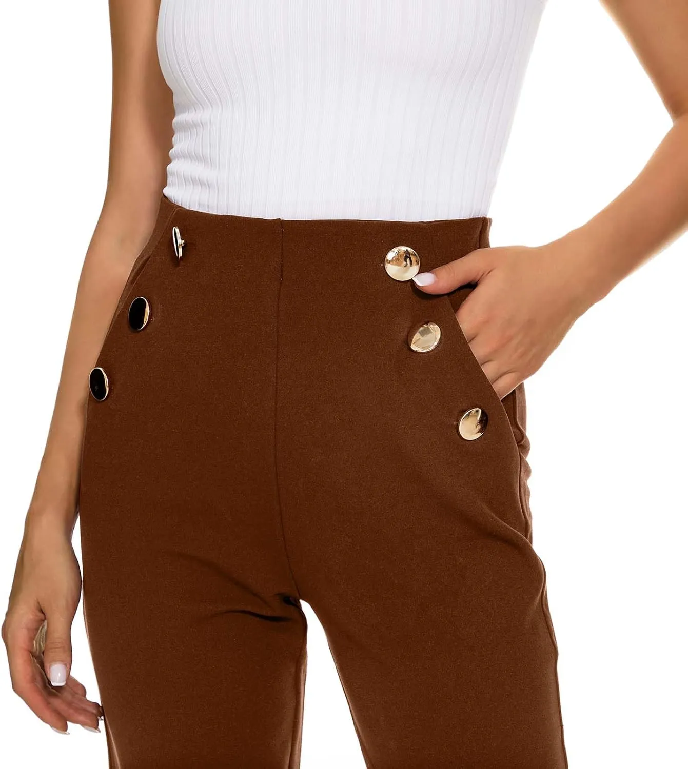 Women's Casual High Waisted Ankle Cropped Pants Elastic Waistband Slant Pockets with Metal Buttons