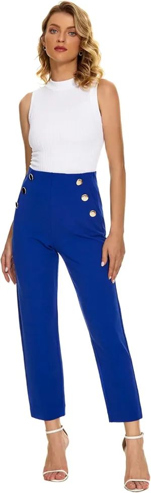 Women's Casual High Waisted Ankle Cropped Pants Elastic Waistband Slant Pockets with Metal Buttons