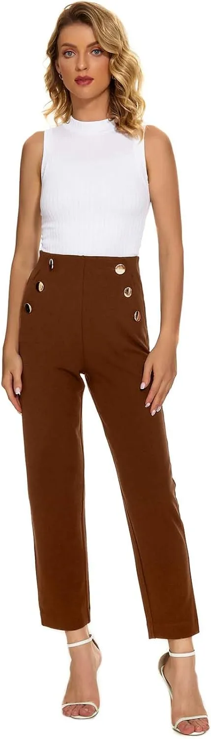 Women's Casual High Waisted Ankle Cropped Pants Elastic Waistband Slant Pockets with Metal Buttons