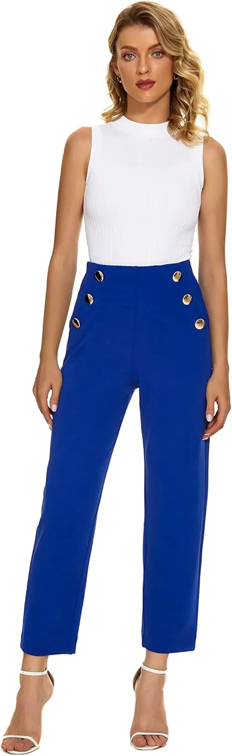 Women's Casual High Waisted Ankle Cropped Pants Elastic Waistband Slant Pockets with Metal Buttons