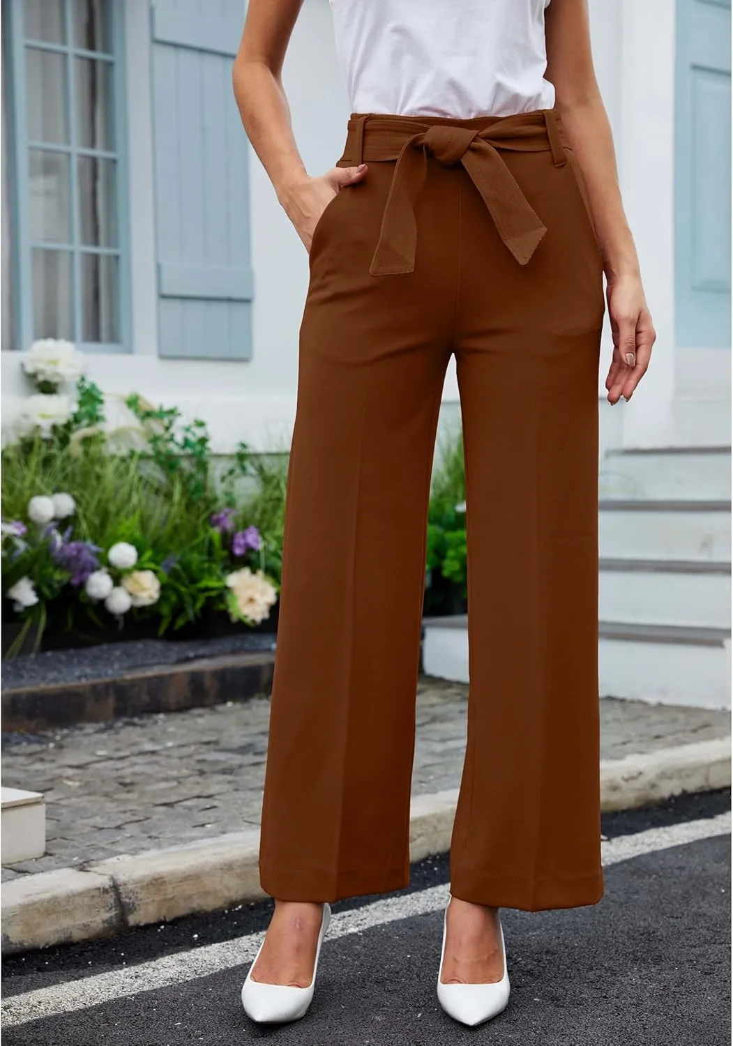 Women's Casual High Waisted Wide Leg Dress Pants with Pockets and Belt