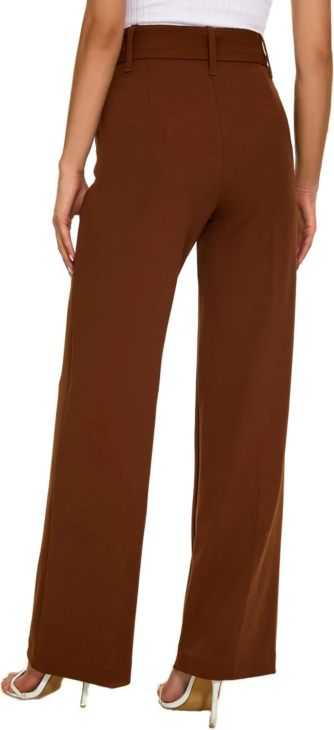 Women's Casual High Waisted Wide Leg Dress Pants with Pockets and Belt