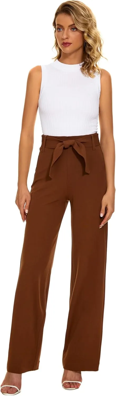 Women's Casual High Waisted Wide Leg Dress Pants with Pockets and Belt