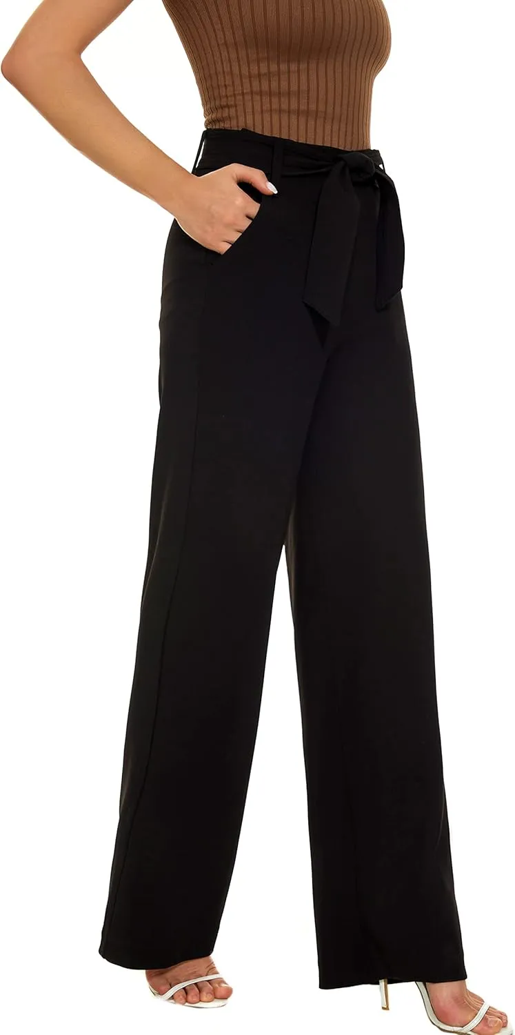 Women's Casual High Waisted Wide Leg Dress Pants with Pockets and Belt