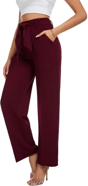 Women's Casual High Waisted Wide Leg Dress Pants with Pockets and Belt
