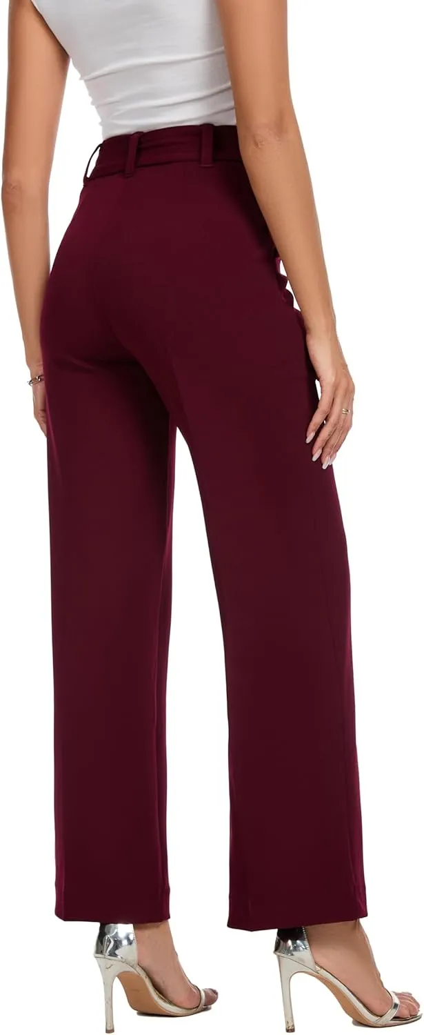 Women's Casual High Waisted Wide Leg Dress Pants with Pockets and Belt