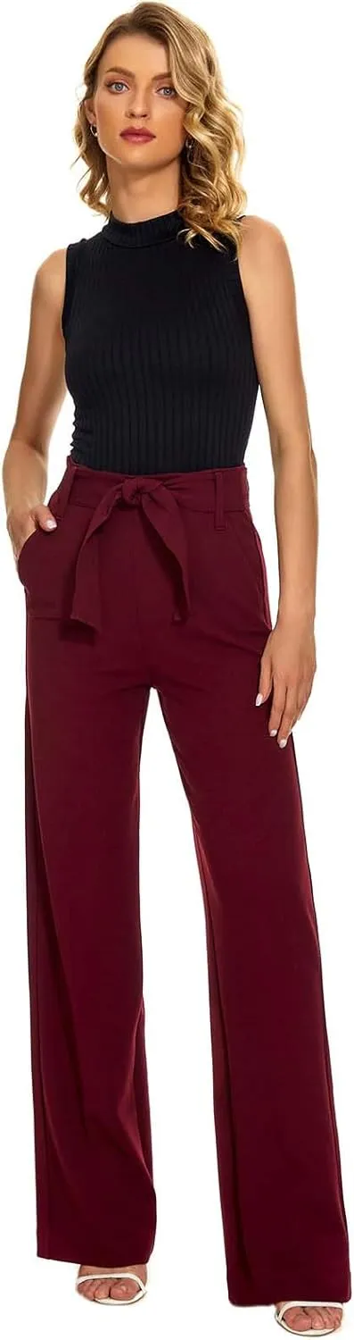Women's Casual High Waisted Wide Leg Dress Pants with Pockets and Belt