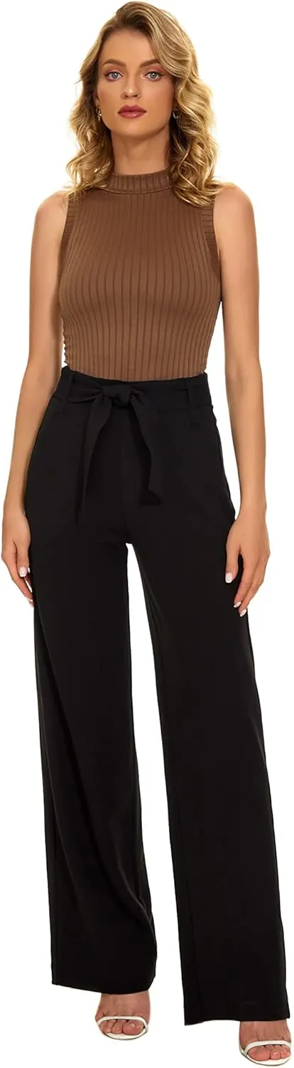 Women's Casual High Waisted Wide Leg Dress Pants with Pockets and Belt