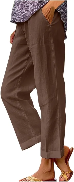 Women's Casual Linen Pants Baggy Elastic-Waisted Straight Leg Cropped Pants Cotton Lounge Trousers Loose Capri Pants