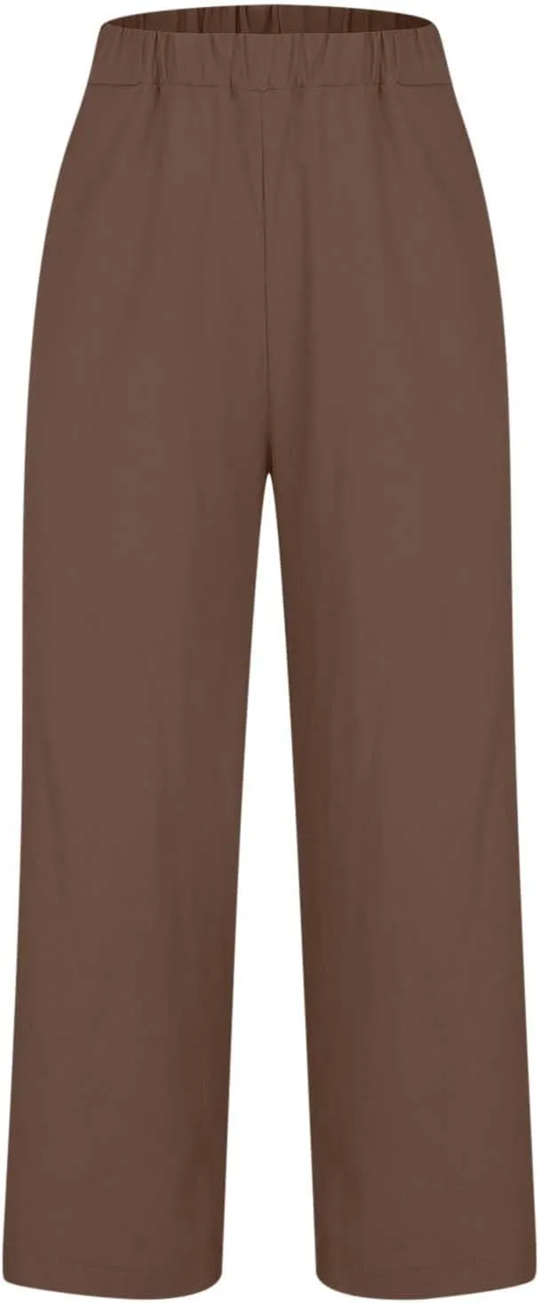 Women's Casual Linen Pants Baggy Elastic-Waisted Straight Leg Cropped Pants Cotton Lounge Trousers Loose Capri Pants