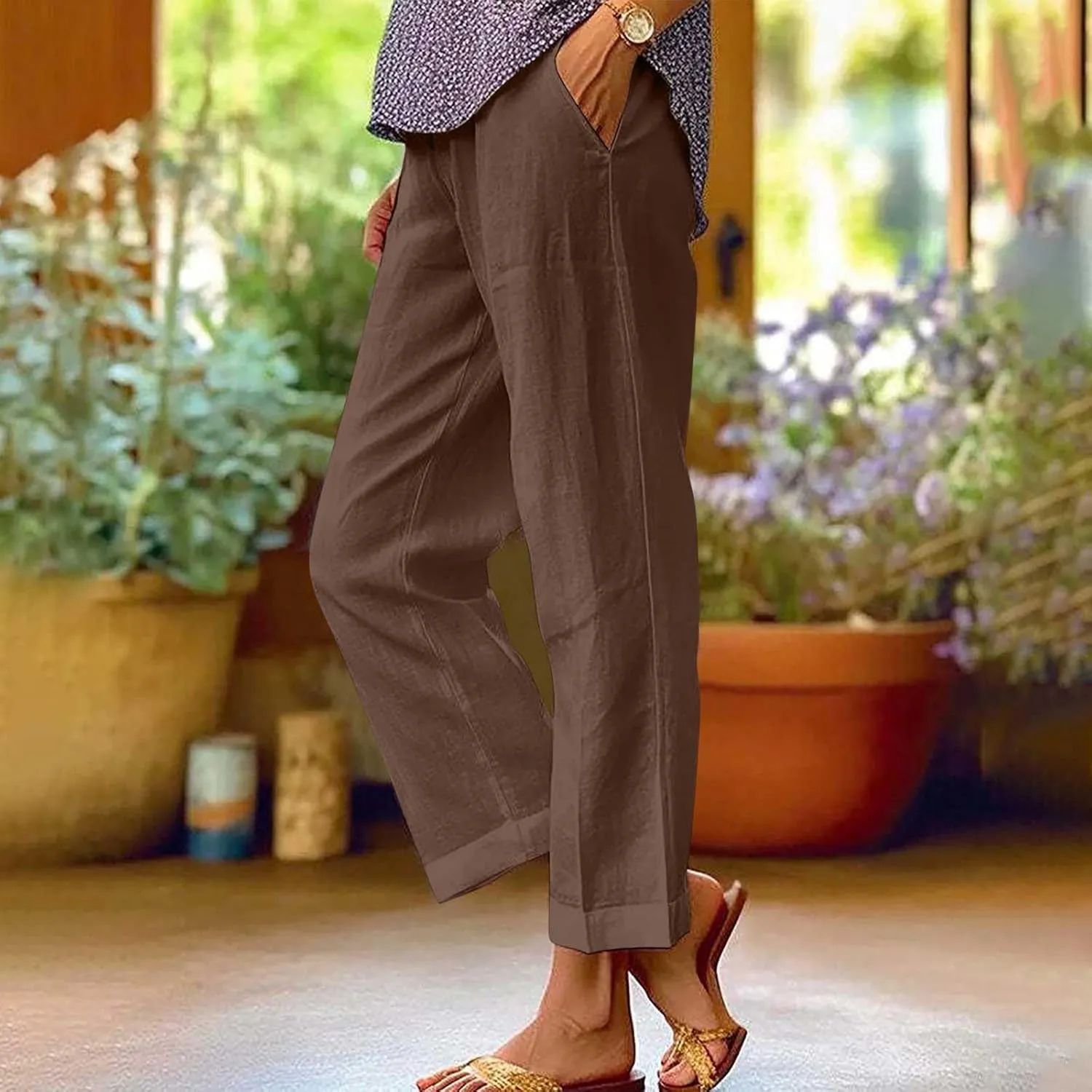 Women's Casual Linen Pants Baggy Elastic-Waisted Straight Leg Cropped Pants Cotton Lounge Trousers Loose Capri Pants