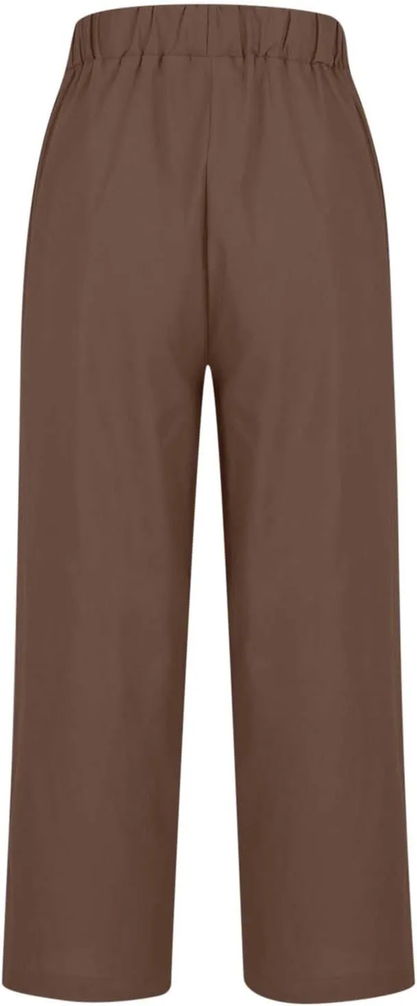 Women's Casual Linen Pants Baggy Elastic-Waisted Straight Leg Cropped Pants Cotton Lounge Trousers Loose Capri Pants