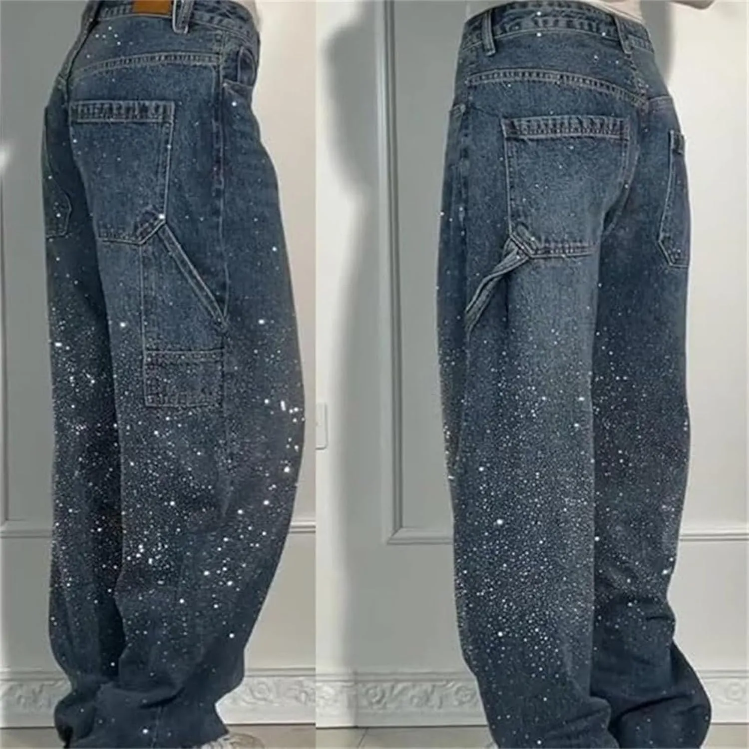 Women's Casual Rhinestone Loose Harem Jeans, High Waisted Straight Wide Leg Pants, Sparkly Rhinestone Denim Pants for Women