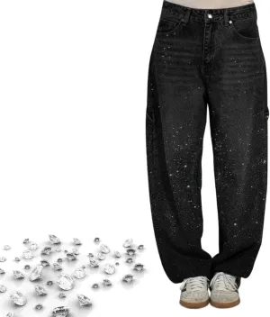 Women's Casual Rhinestone Loose Harem Jeans, High Waisted Straight Wide Leg Pants, Sparkly Rhinestone Denim Pants for Women