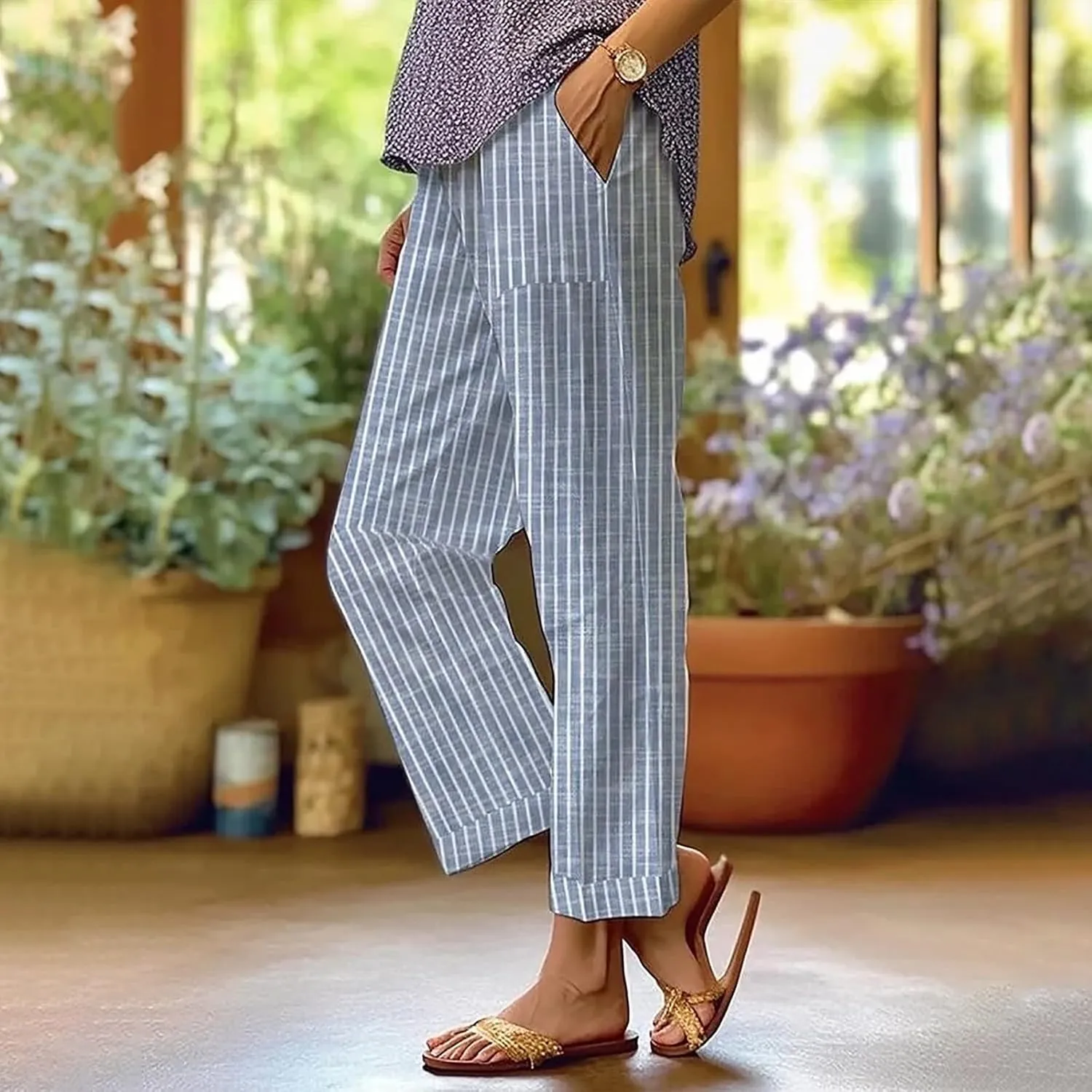 Women's Casual Stripe Cotton Linen Pants Elastic High Waist Straight Leg Pant Summer Boho Capris Beach Trousers with Pockets