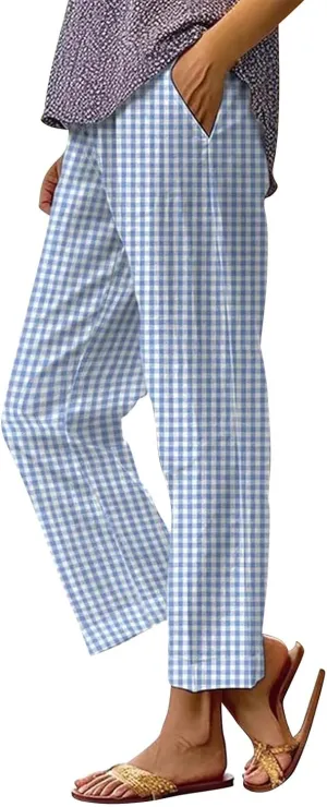 Women's Casual Stripe Cotton Linen Pants Elastic High Waist Straight Leg Pant Summer Boho Capris Beach Trousers with Pockets
