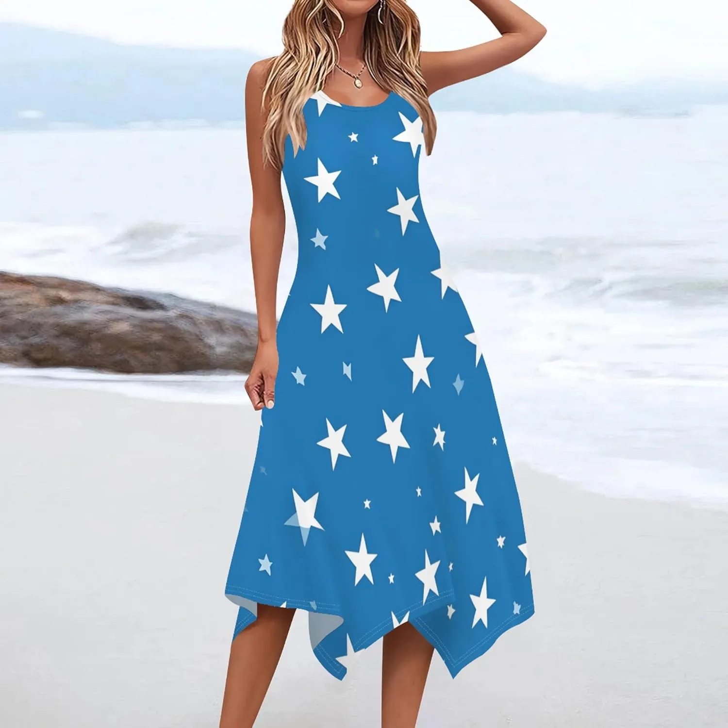 Women's Casual Summer Floral Print Midi Dress Sleeveless Swing Tank Sundress Pleated Tshirt Beach Cover Ups Dresses