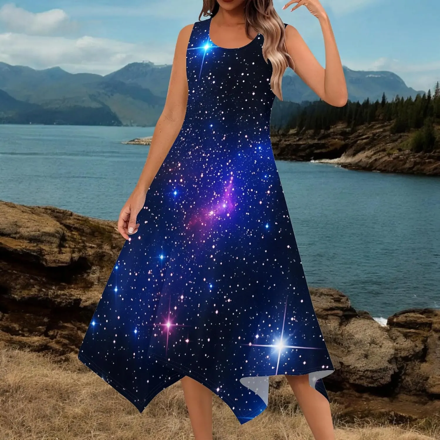 Women's Casual Summer Floral Print Midi Dress Sleeveless Swing Tank Sundress Pleated Tshirt Beach Cover Ups Dresses