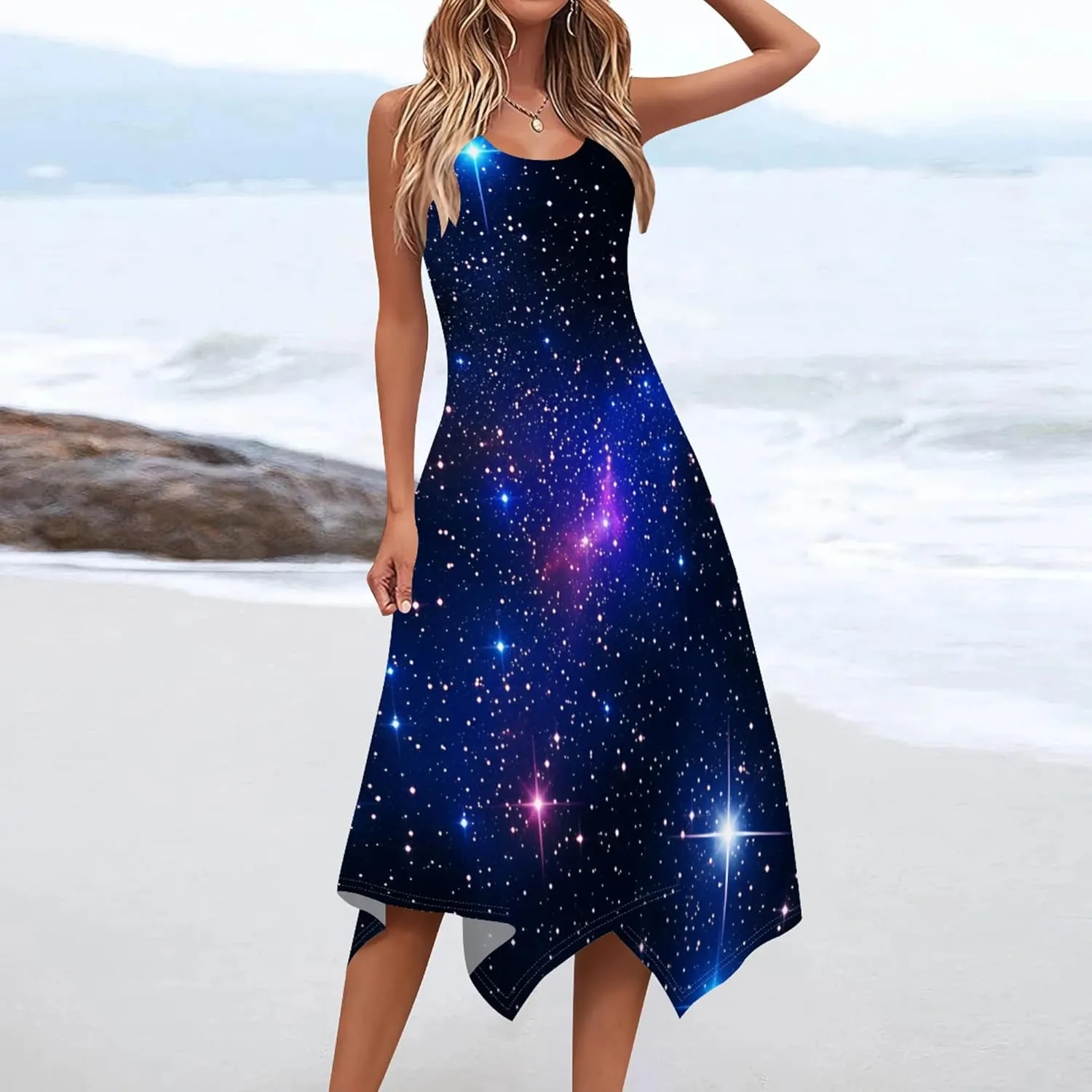 Women's Casual Summer Floral Print Midi Dress Sleeveless Swing Tank Sundress Pleated Tshirt Beach Cover Ups Dresses