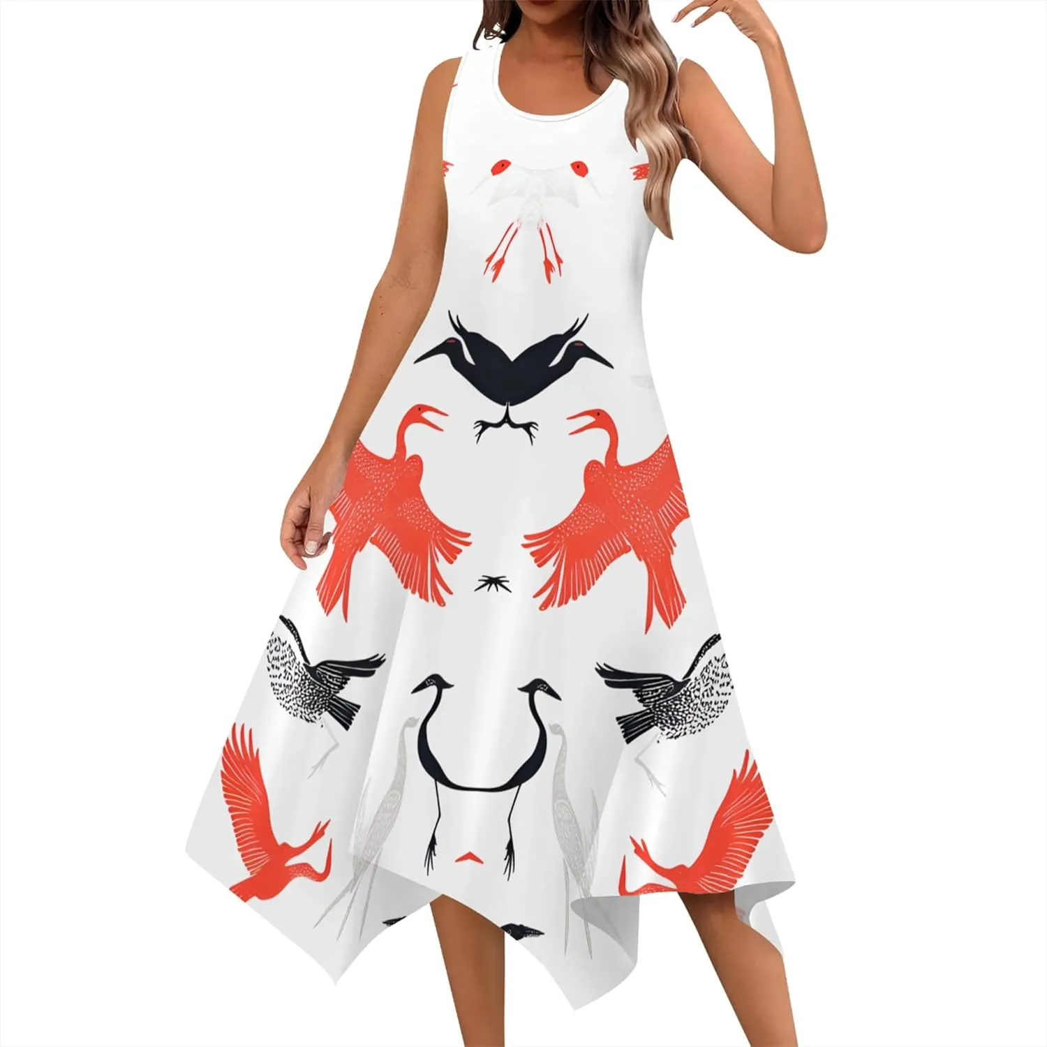 Women's Casual Summer Floral Print Midi Dress Sleeveless Swing Tank Sundress Pleated Tshirt Beach Cover Ups Dresses