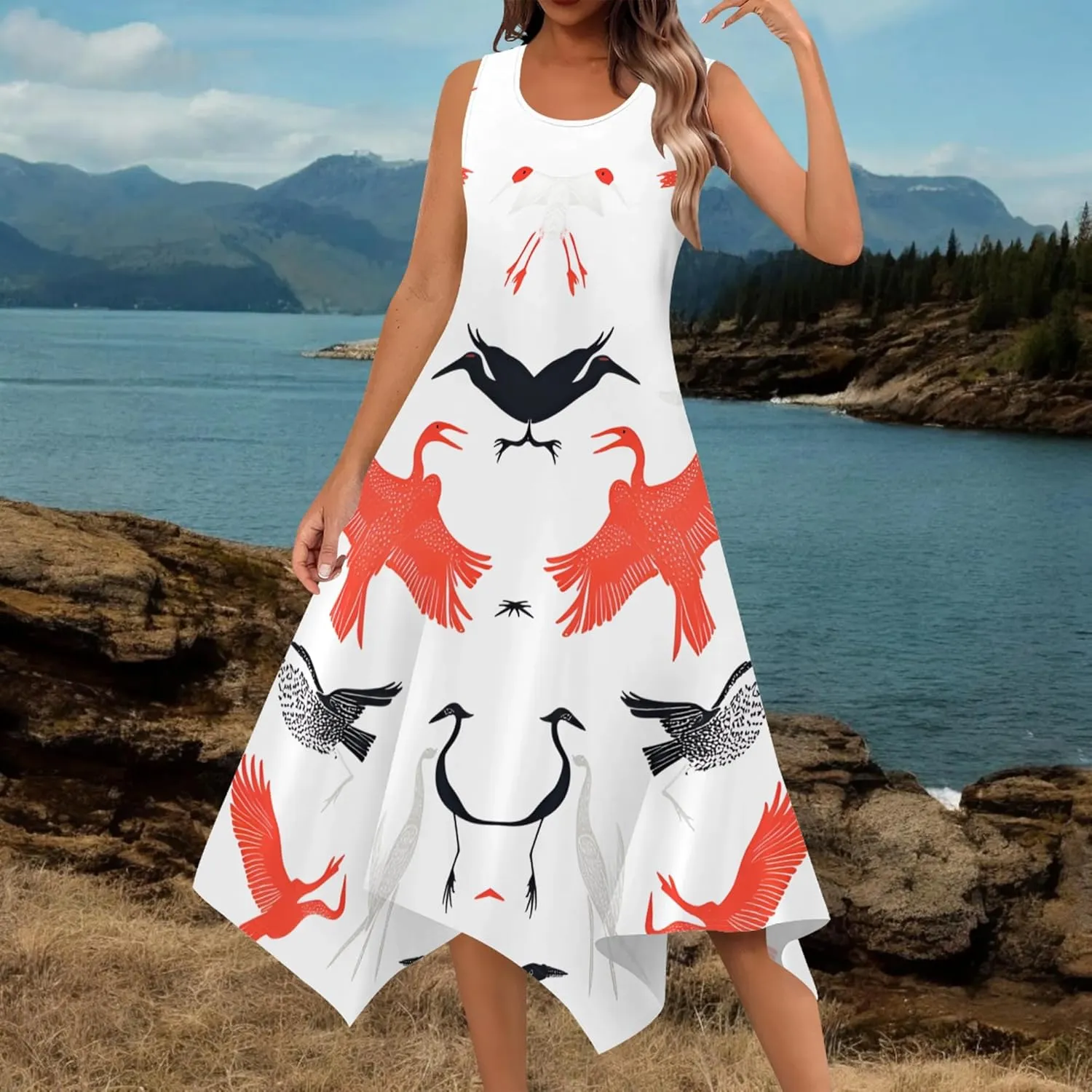 Women's Casual Summer Floral Print Midi Dress Sleeveless Swing Tank Sundress Pleated Tshirt Beach Cover Ups Dresses