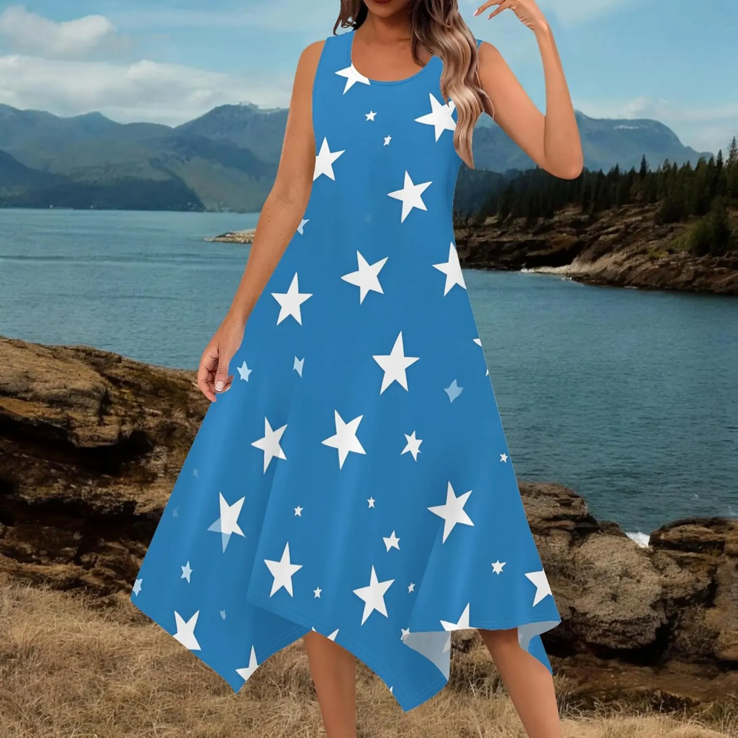 Women's Casual Summer Floral Print Midi Dress Sleeveless Swing Tank Sundress Pleated Tshirt Beach Cover Ups Dresses