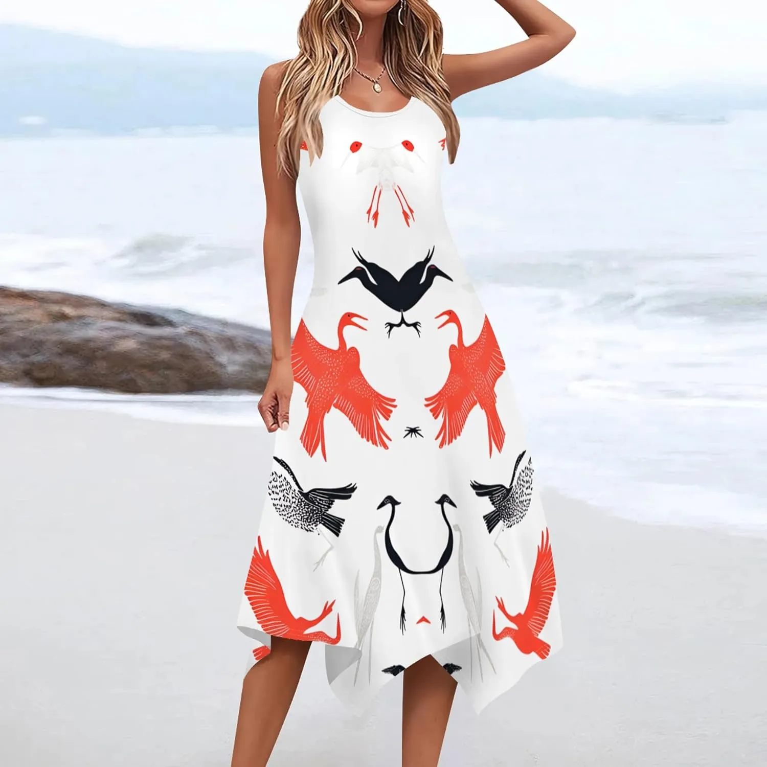 Women's Casual Summer Floral Print Midi Dress Sleeveless Swing Tank Sundress Pleated Tshirt Beach Cover Ups Dresses