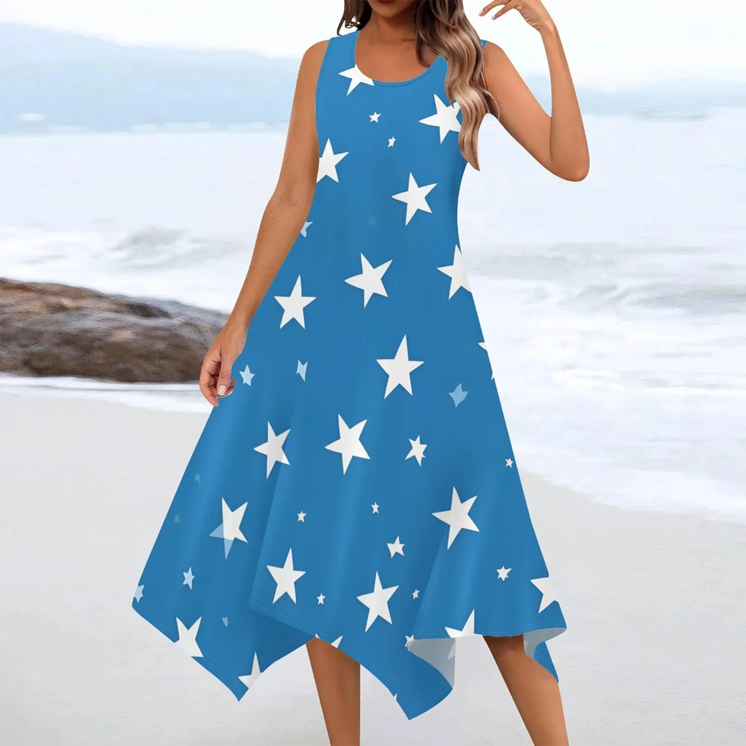 Women's Casual Summer Floral Print Midi Dress Sleeveless Swing Tank Sundress Pleated Tshirt Beach Cover Ups Dresses
