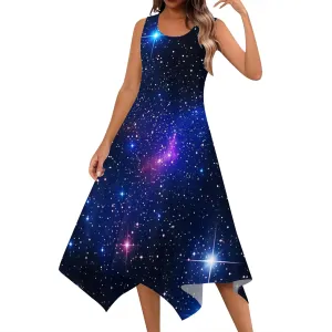 Women's Casual Summer Floral Print Midi Dress Sleeveless Swing Tank Sundress Pleated Tshirt Beach Cover Ups Dresses