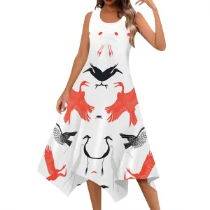 Women's Casual Summer Floral Print Midi Dress Sleeveless Swing Tank Sundress Pleated Tshirt Beach Cover Ups Dresses
