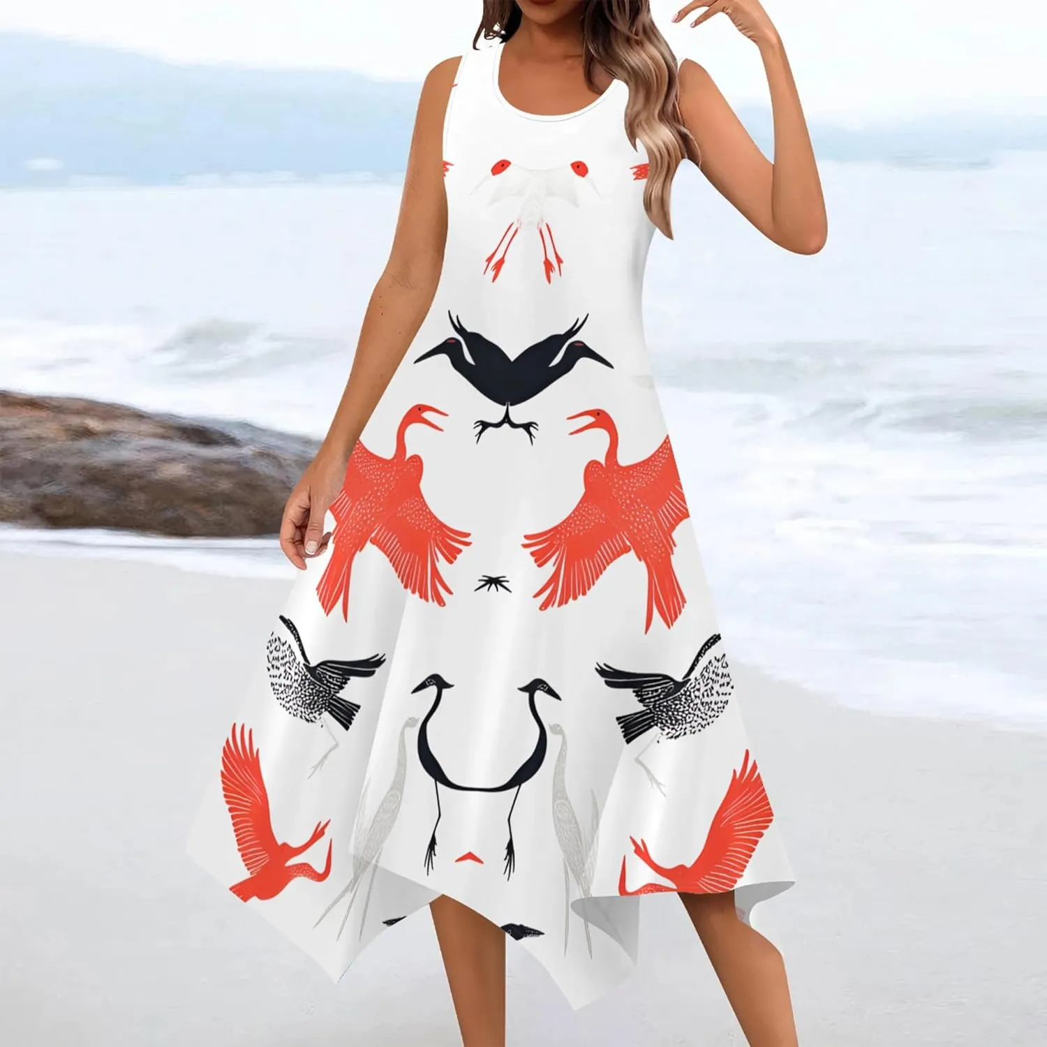 Women's Casual Summer Floral Print Midi Dress Sleeveless Swing Tank Sundress Pleated Tshirt Beach Cover Ups Dresses