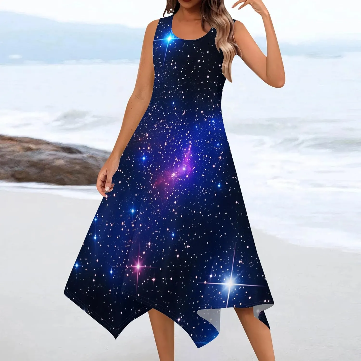 Women's Casual Summer Floral Print Midi Dress Sleeveless Swing Tank Sundress Pleated Tshirt Beach Cover Ups Dresses