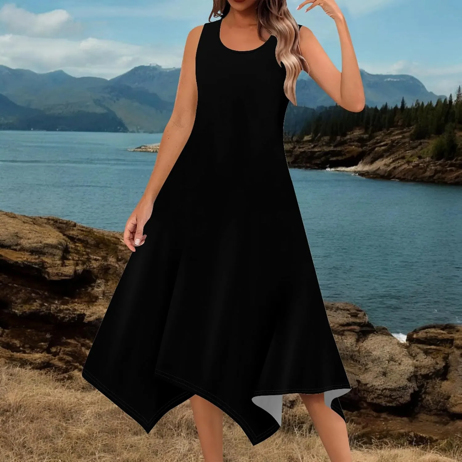 Women's Casual Summer Solid Color Midi Dress Sleeveless Swing Tank Sundress Pleated Tshirt Beach Cover Ups Dresses