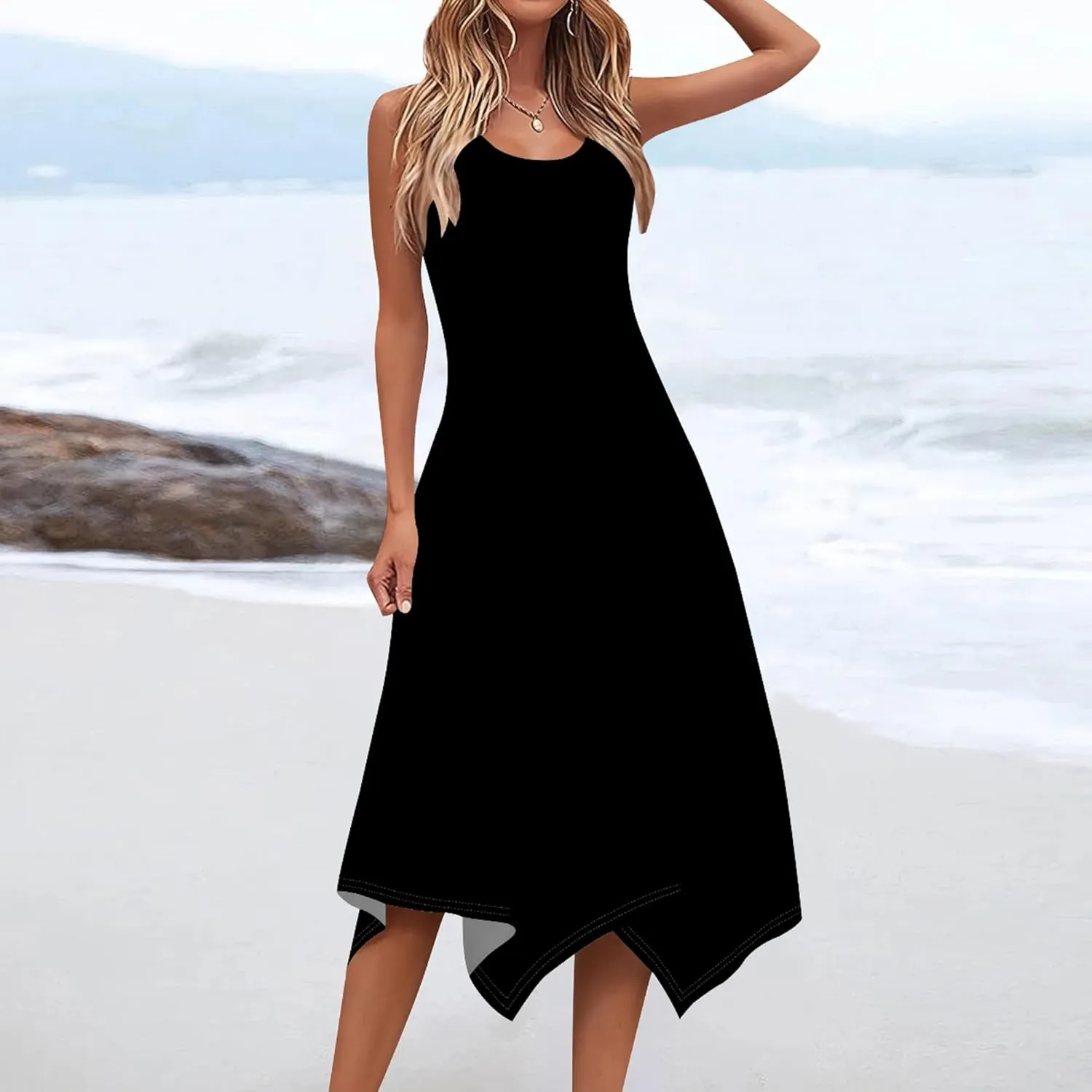 Women's Casual Summer Solid Color Midi Dress Sleeveless Swing Tank Sundress Pleated Tshirt Beach Cover Ups Dresses