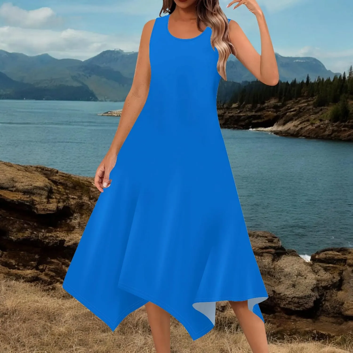 Women's Casual Summer Solid Color Midi Dress Sleeveless Swing Tank Sundress Pleated Tshirt Beach Cover Ups Dresses