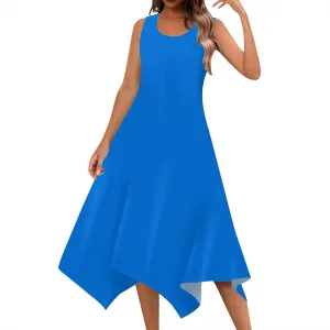 Women's Casual Summer Solid Color Midi Dress Sleeveless Swing Tank Sundress Pleated Tshirt Beach Cover Ups Dresses
